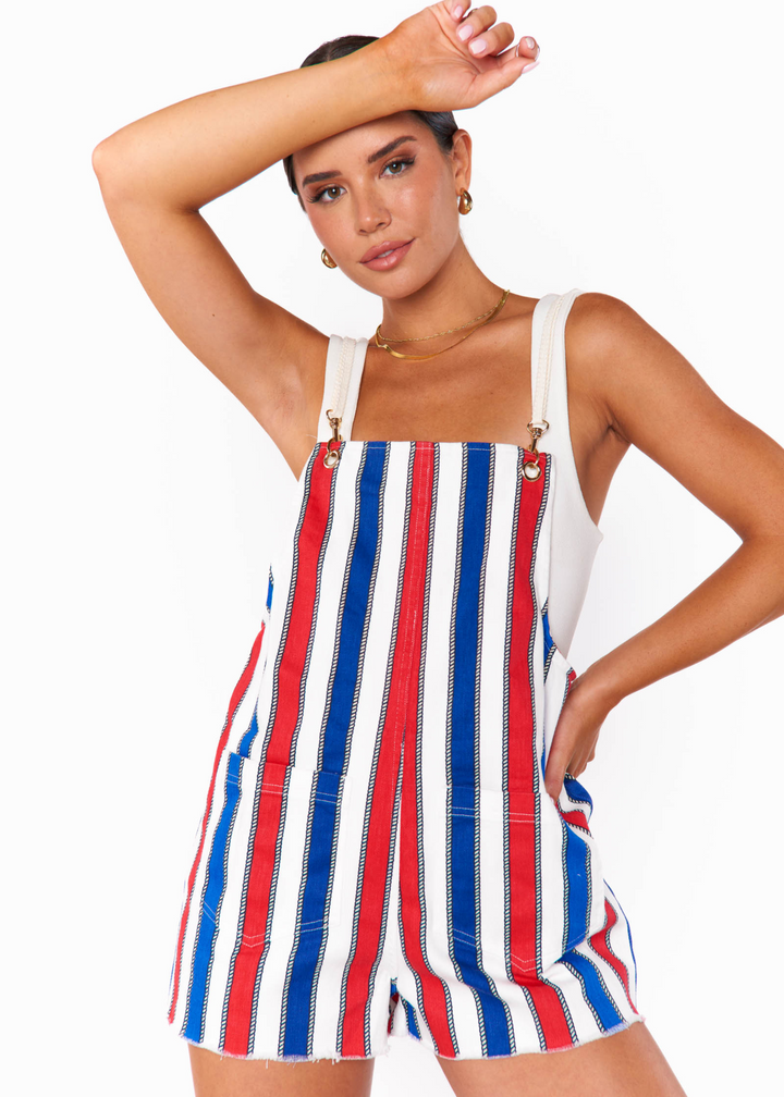 denim bib style romper with red, white, blue, rope print denim romper