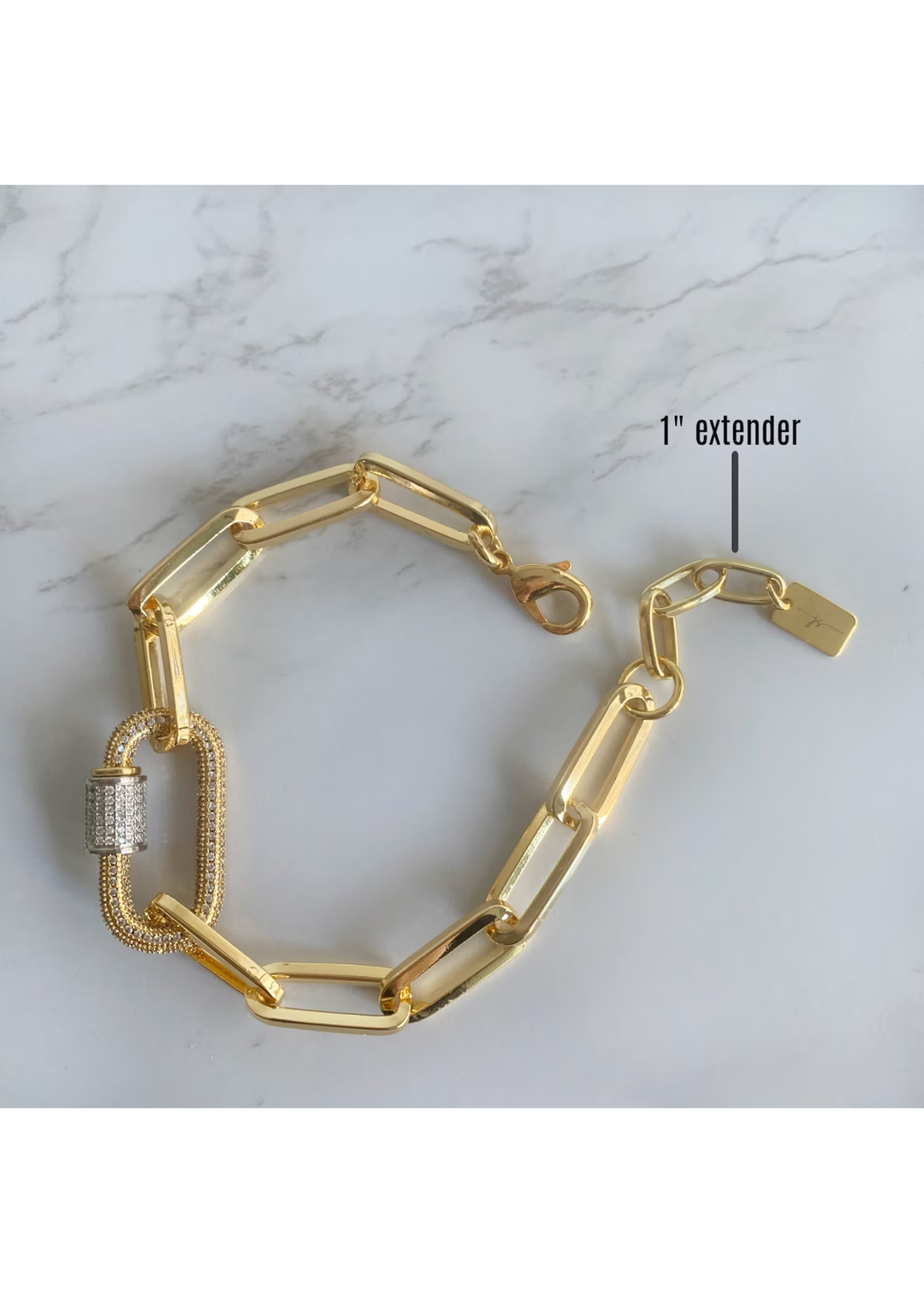 Gold paperclip chain bracelet with a gold carabiner and 1" extender