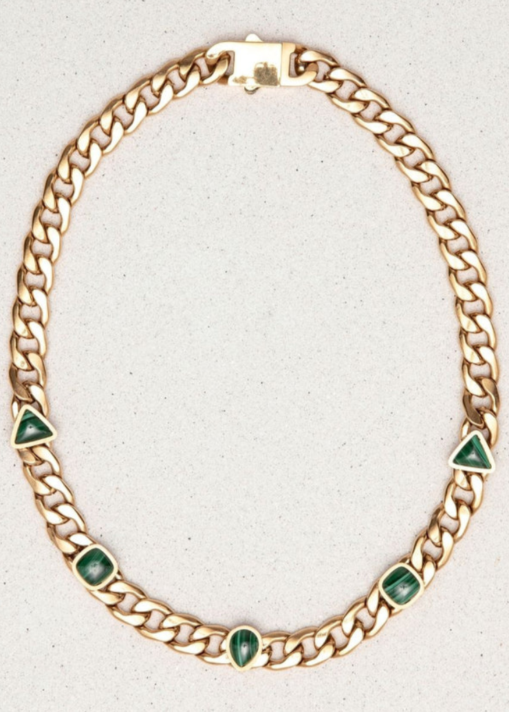 gold chain necklace with abstract shape green gems 