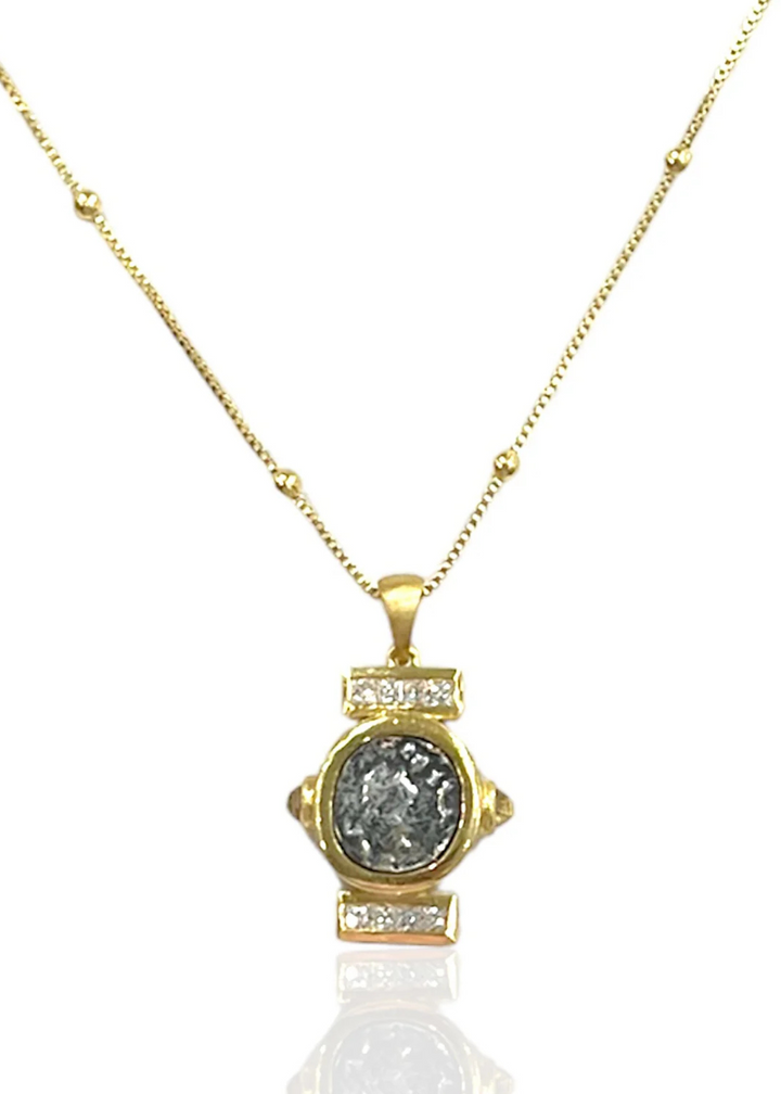 Tat2 Designs Gold Leon Coin Necklace with pave accents and station chain
