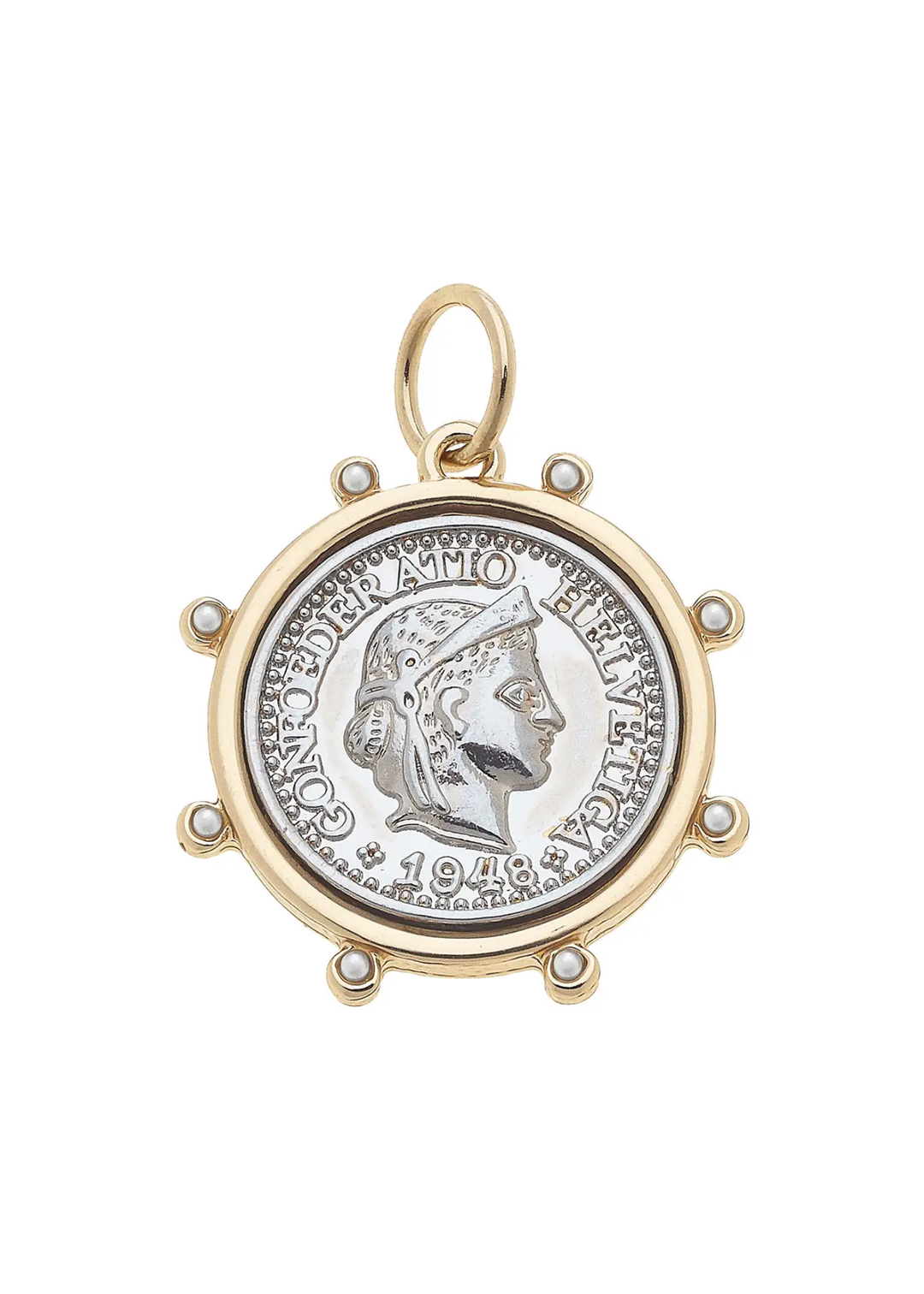 Two toned coin charm with studs on the edge against a white background