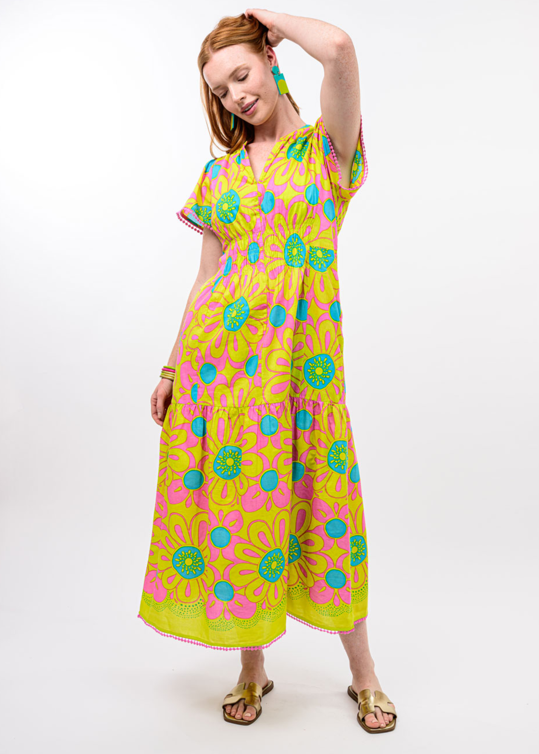 Woman wearing a yellow, pink, and blue floral print midi dress