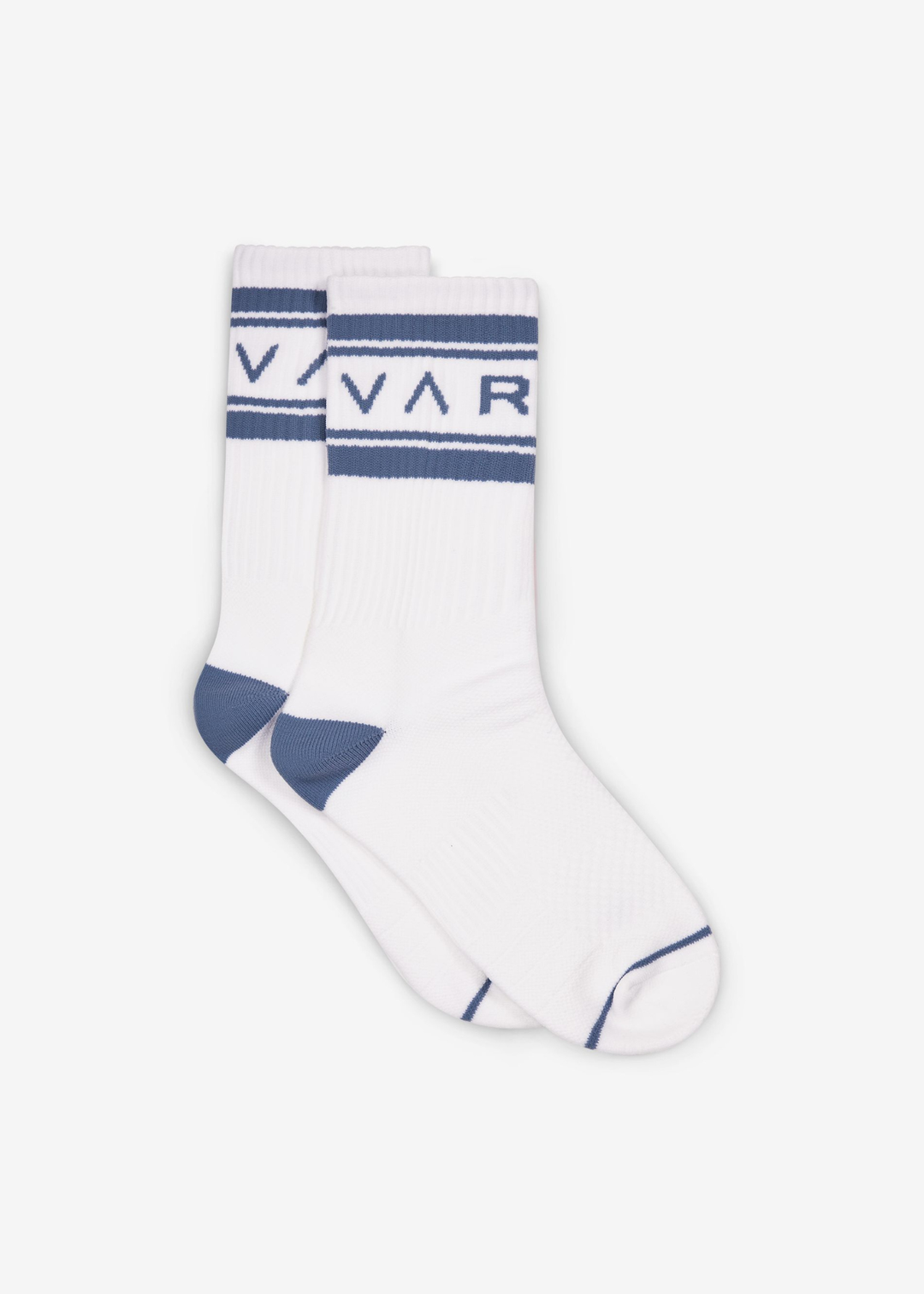 White crew socks with blue heels, stripes, and "VAR" lettering on a white background