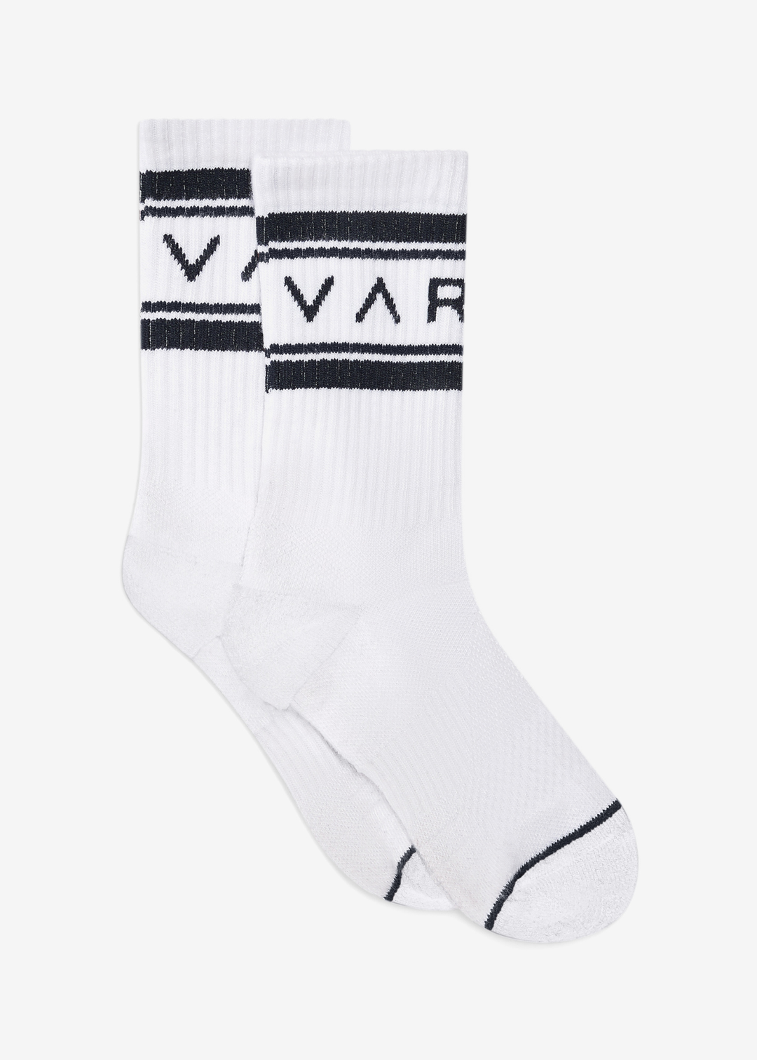 White crew socks with navy stripes and navy "VAR" lettering against a white background