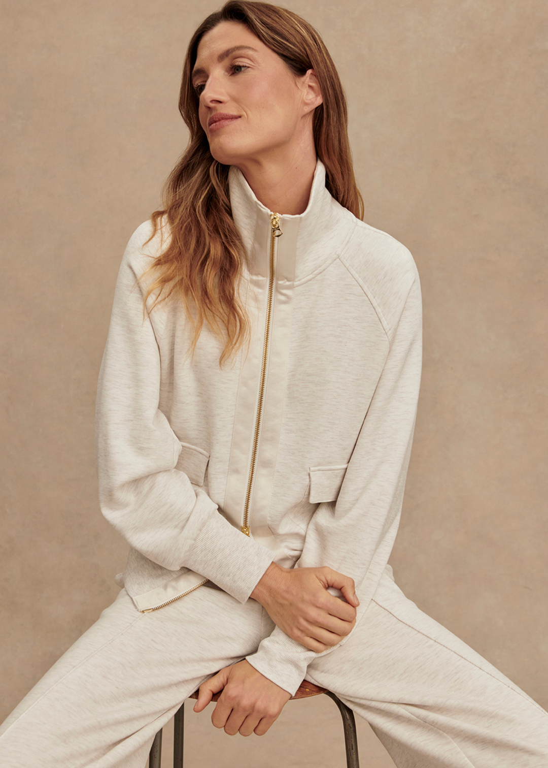 Varley Roxbury Zip Through Sweat - Ivory Marl