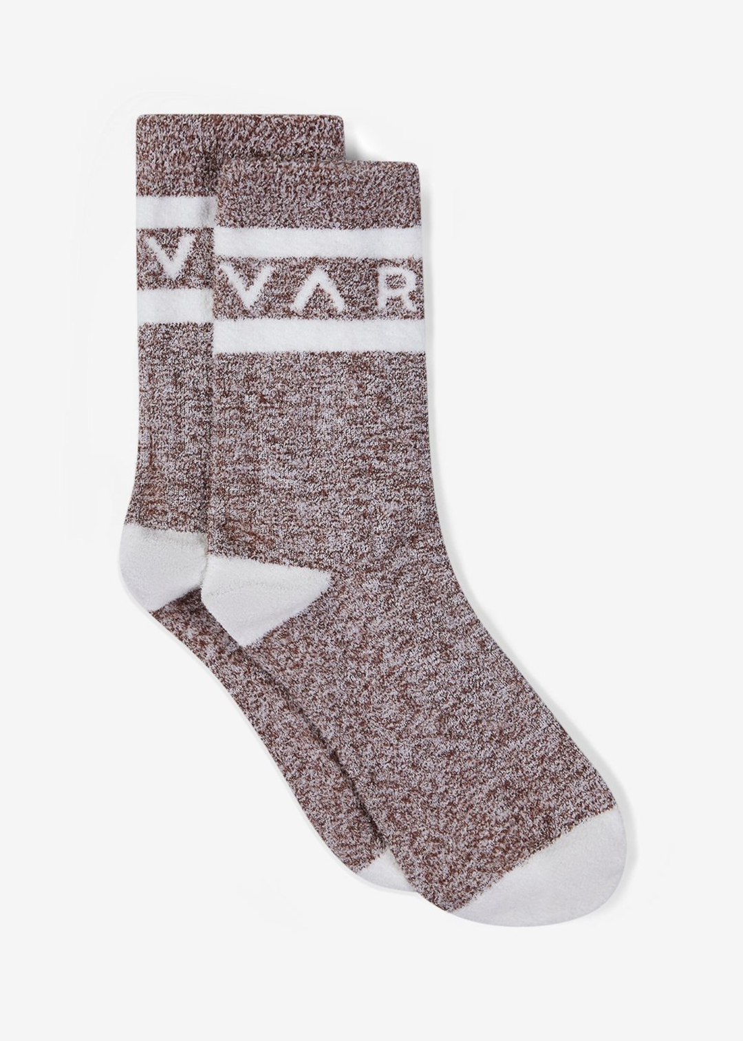 Brown speckled sock with white stripes, heel, and toes with white "VARLEY" lettering against a white background