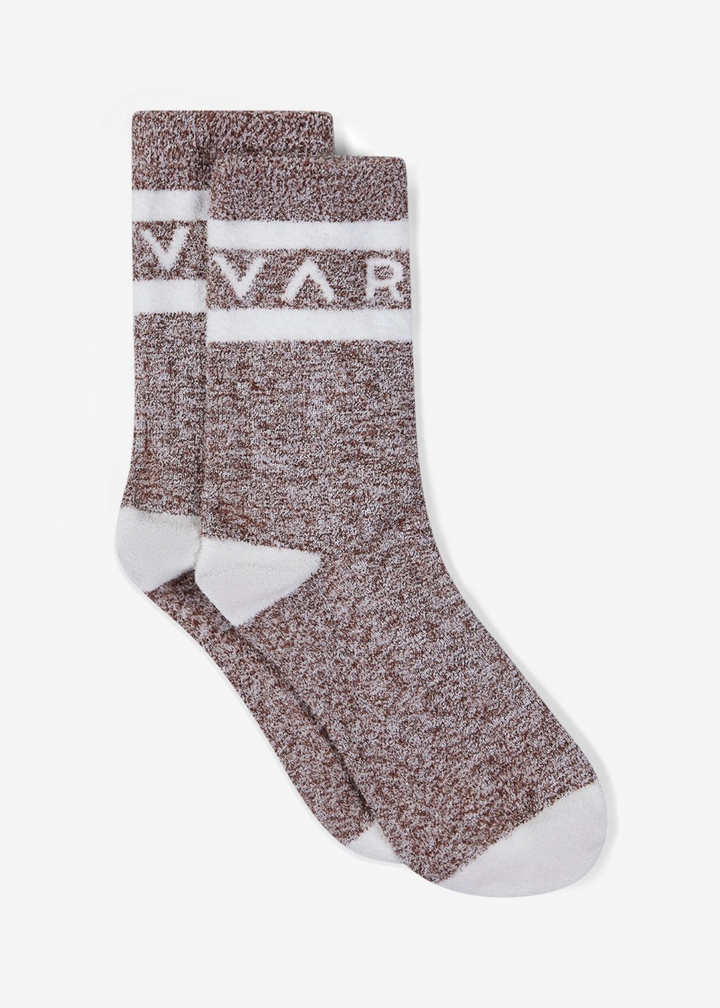 Brown speckled sock with white stripes, heel, and toes with white "VARLEY" lettering against a white background