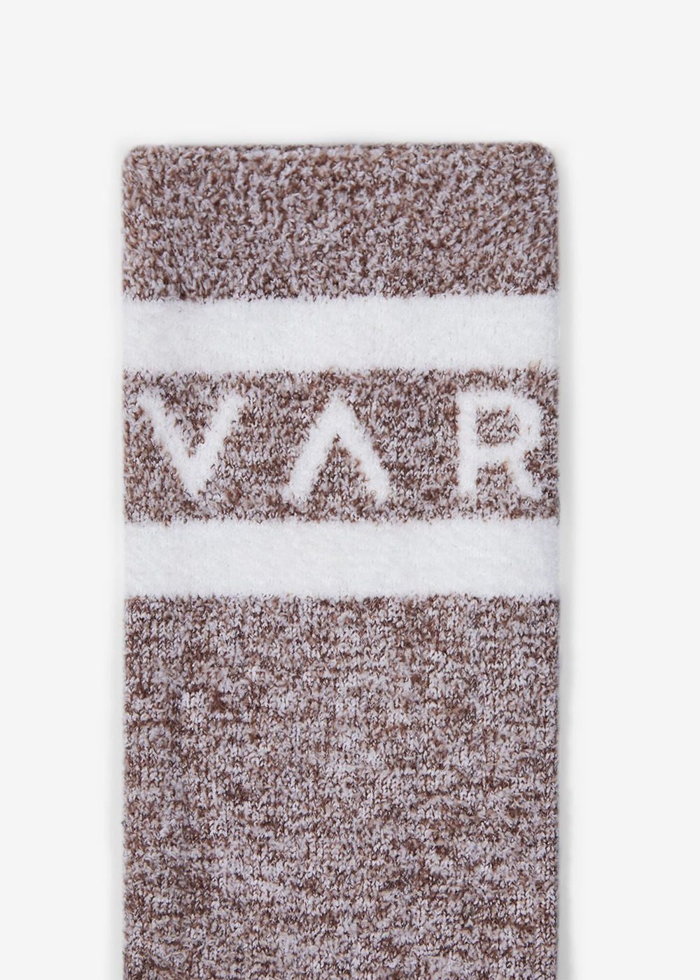 Brown speckled sock with white stripes, heel, and toes with white "VARLEY" lettering against a white background