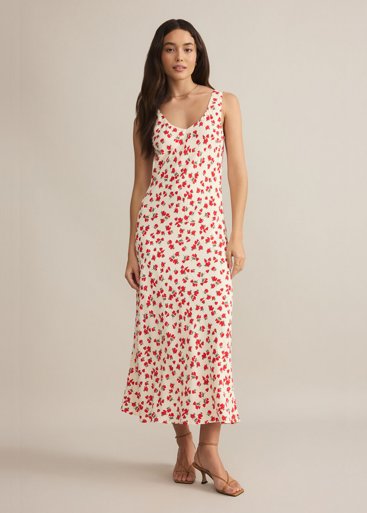 off white mxi slip dress with dainty red floral print 