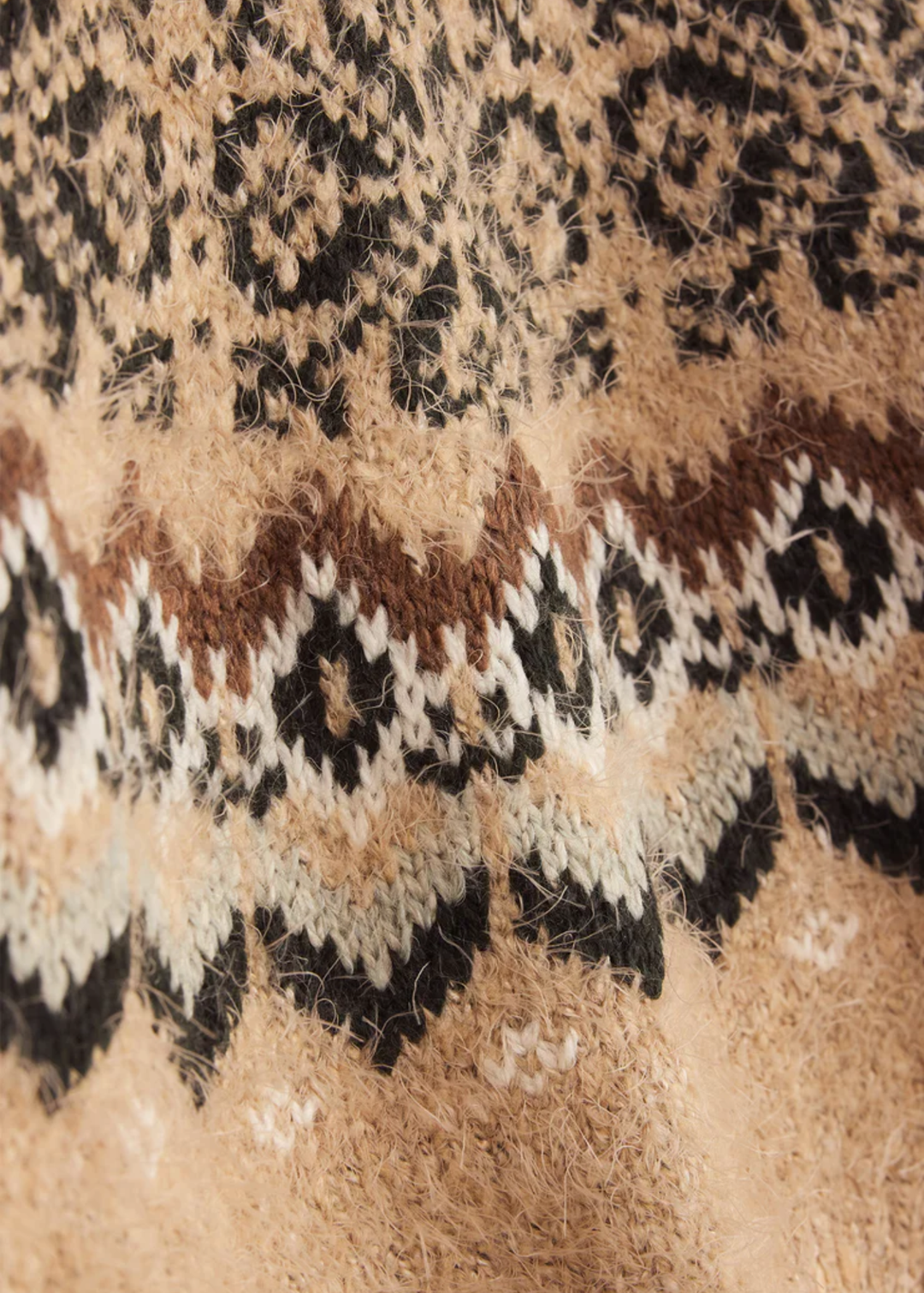 Close up of a brown fair isle sweater