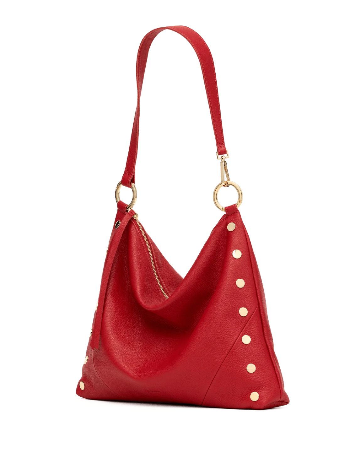 Red handbag with the handle up. 