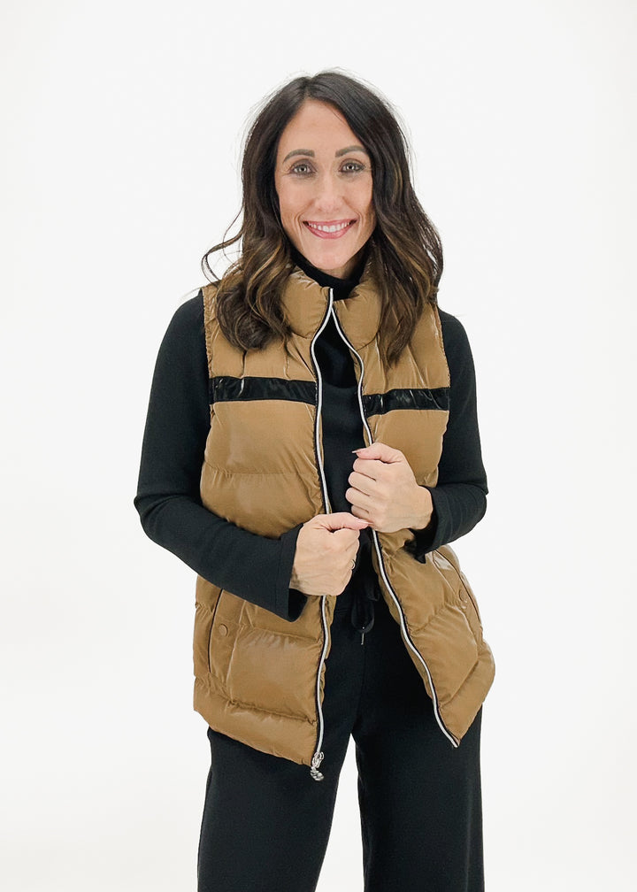 camel fitted women's puffer vest with black stripe accent