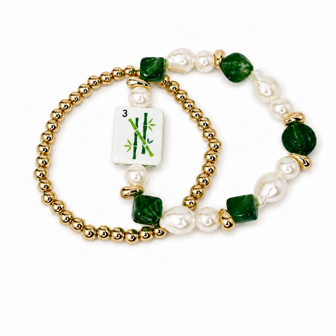 Mahjong Tile Beaded Bracelet, 2-Piece Set - Jade Bamboo