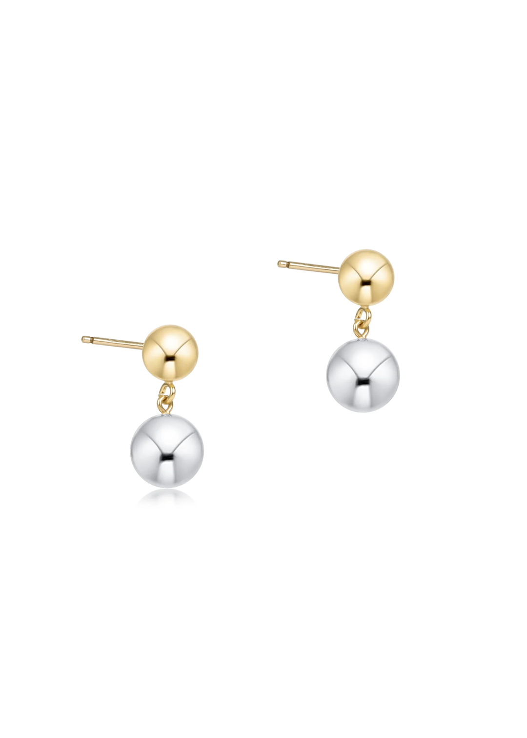 Gold ball stud earrings with silver drop balls on a white background