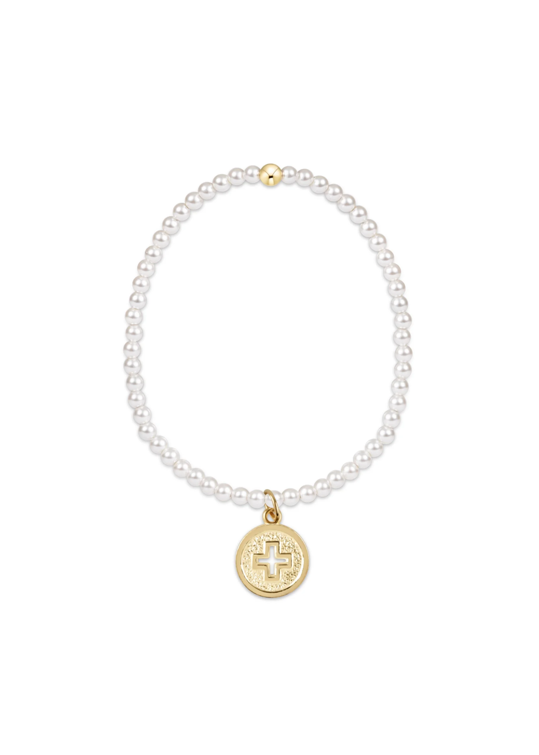 Pearl beaded bracelet with a gold disc with a cross design