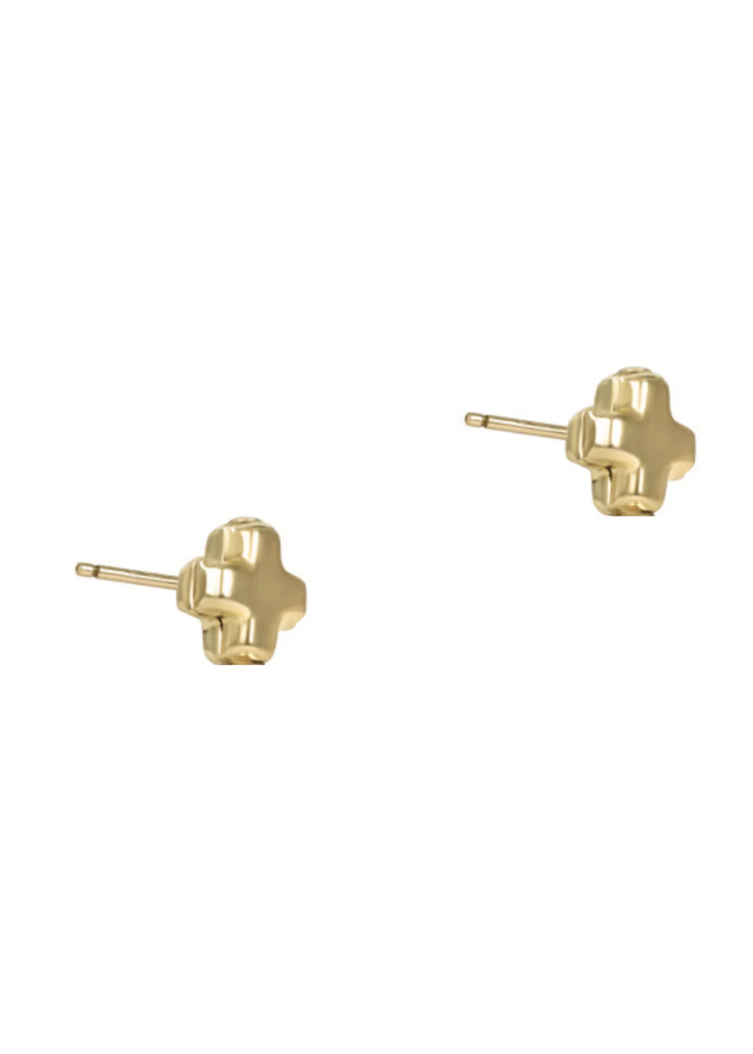 Gold cross stud earrings on a white background