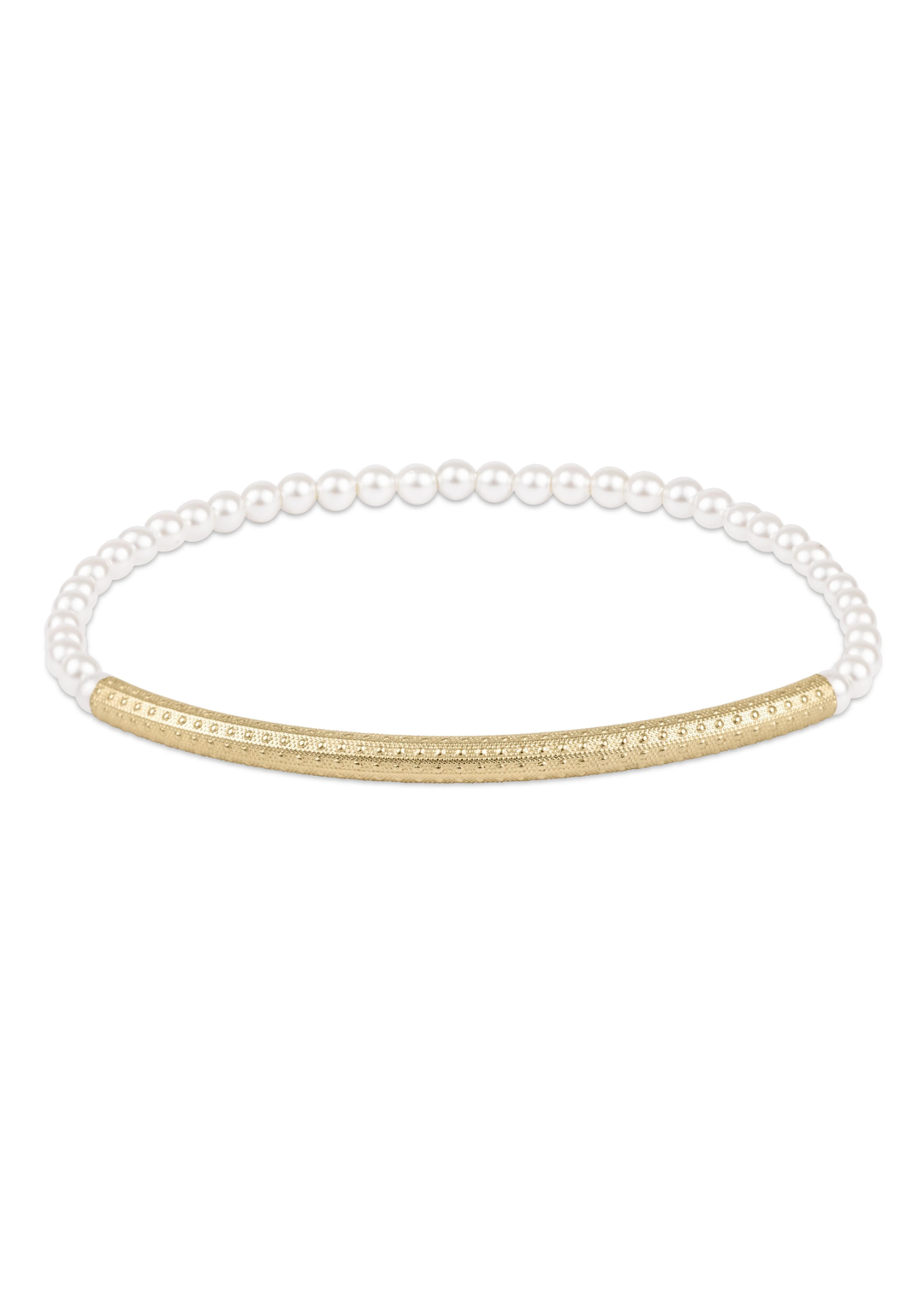 Pearl beaded bracelet with a gold bar on a white background