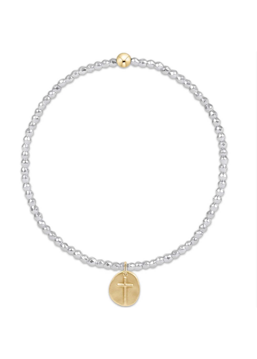 Bright silver beaded bracelet with a gold cross charm on a white background