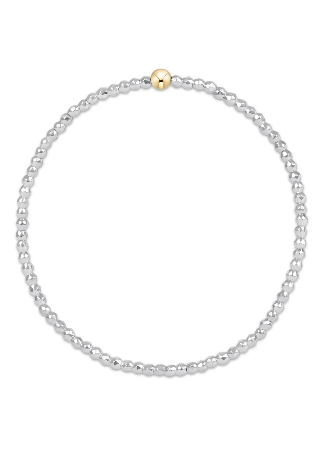 Bright silver beaded bracelet with one gold bead on a white background