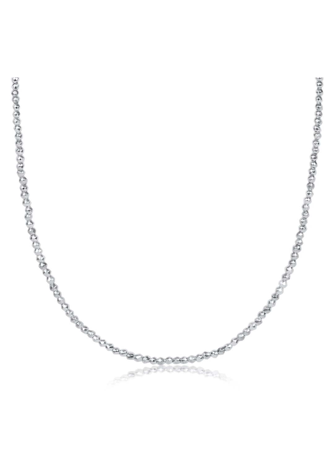 Bright silver beaded choker necklace on a white background