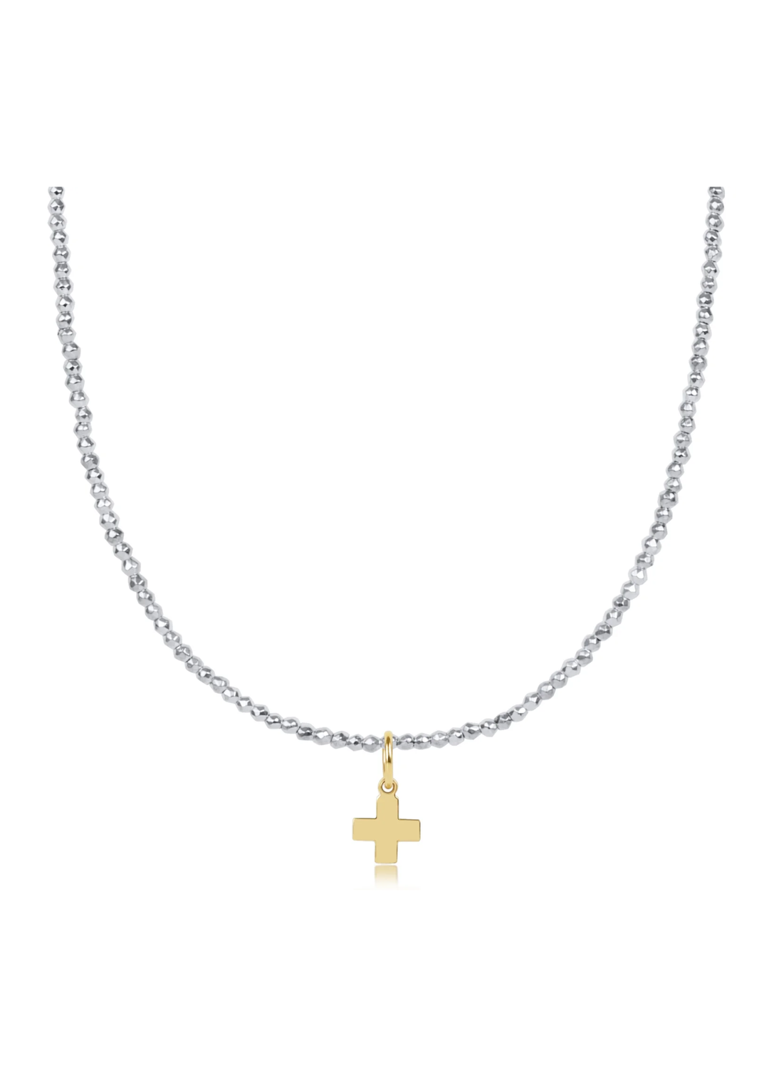 Bright silver beaded necklace with a gold cross charm on a white background