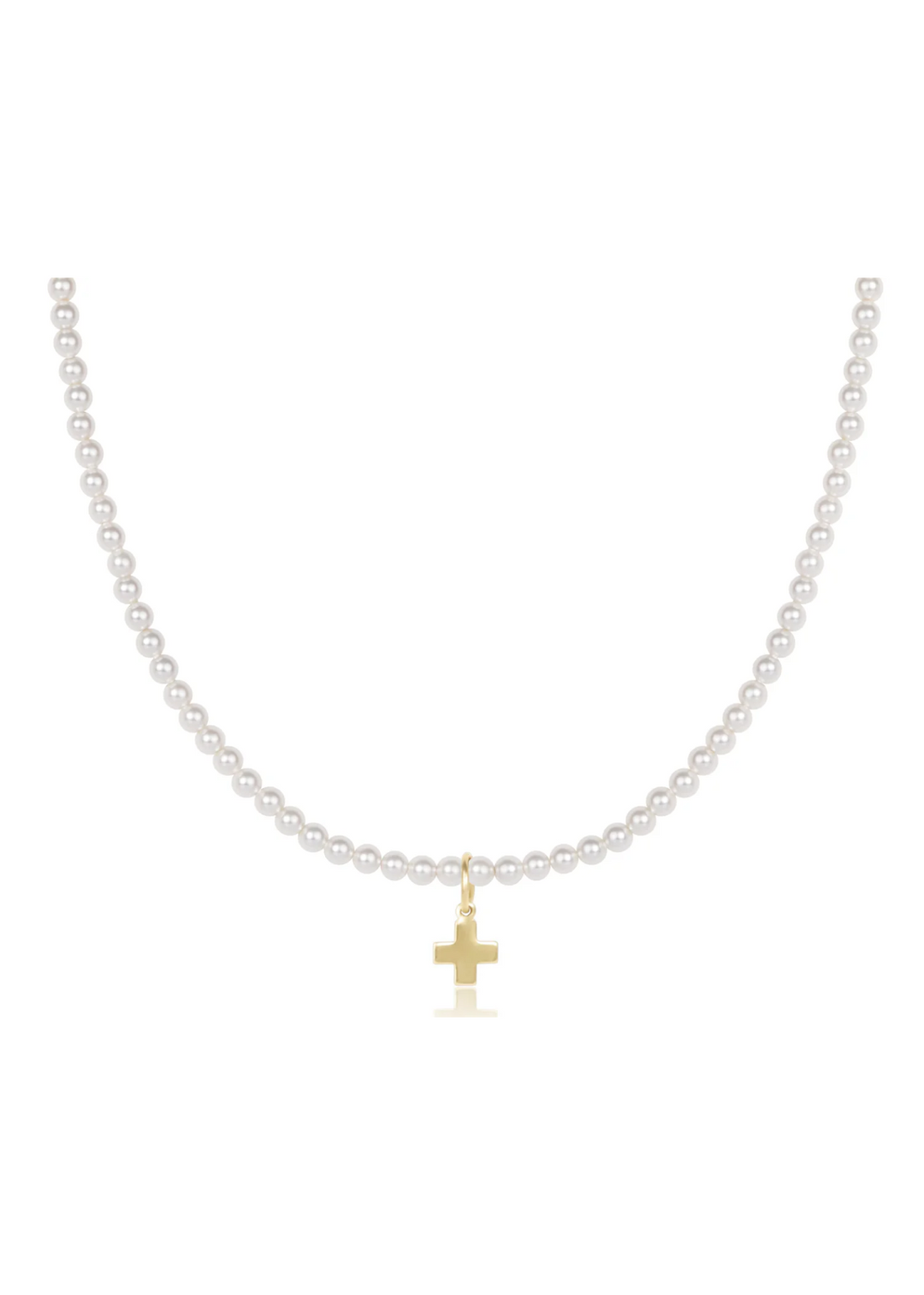 Pearl beaded necklace with a gold cross charm on a white background