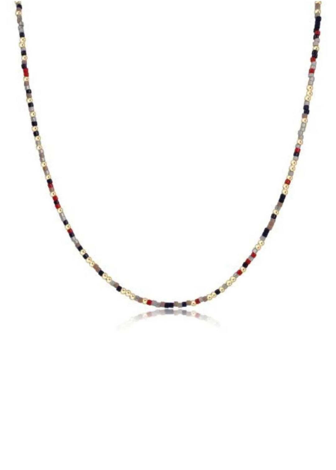 A 15-inch enewton design Hope Unwritten Choker Necklace, featuring a stylish multicolored pattern with gold, red, blue, and grey tones.