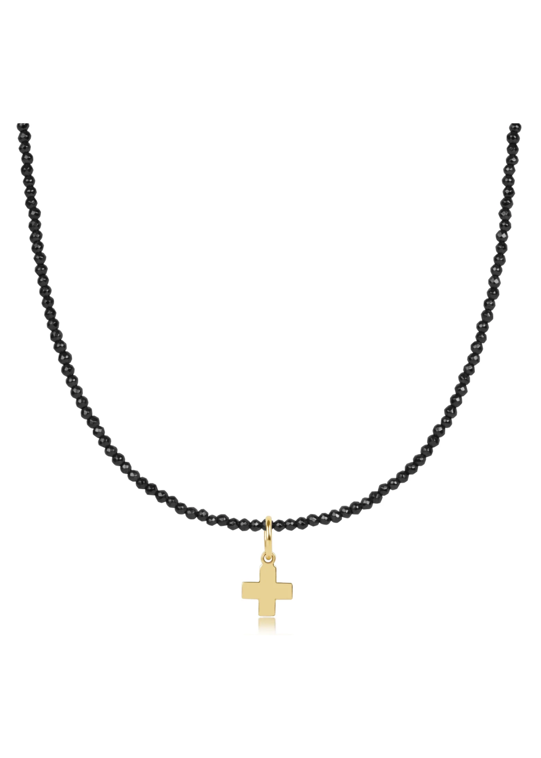 Black beaded necklace with a gold cross charm on a white background