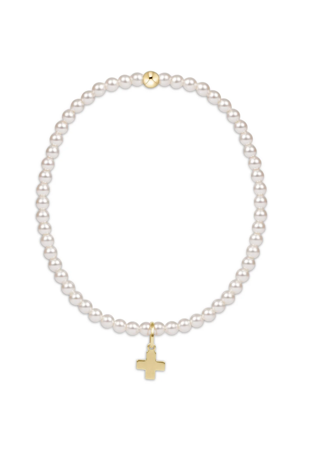 pearl beaded bracelet with a gold cross charm on a white background