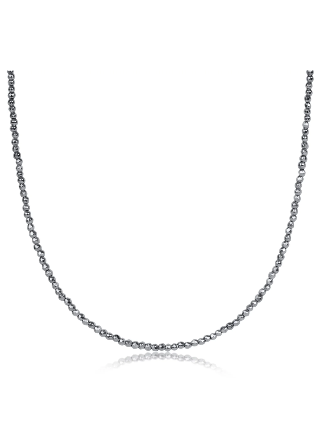 Silver beaded choker necklace on a white background