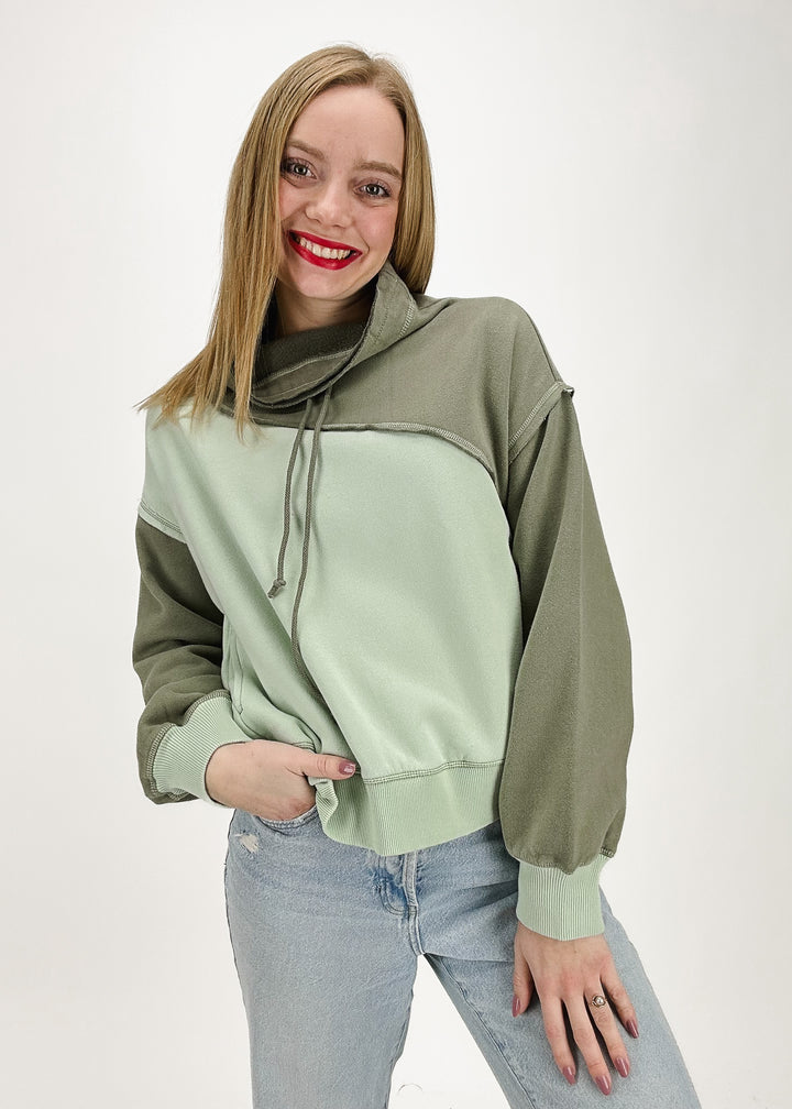 sage and olive green color block cowl neck hoodie