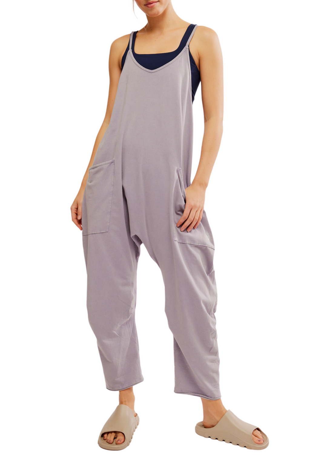 light purple grey v neck spaghetti strap oversized slouchy athliesure jumpsuit