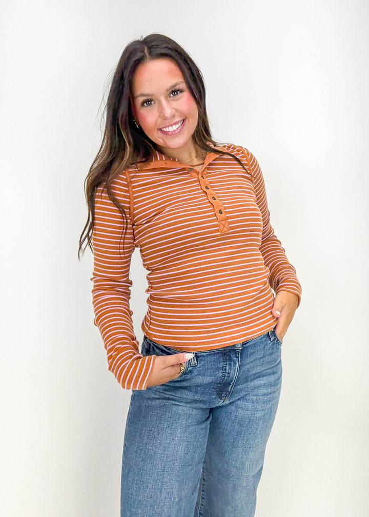 Free People Lake Henley Stripe Top - Cinnamon Combo
