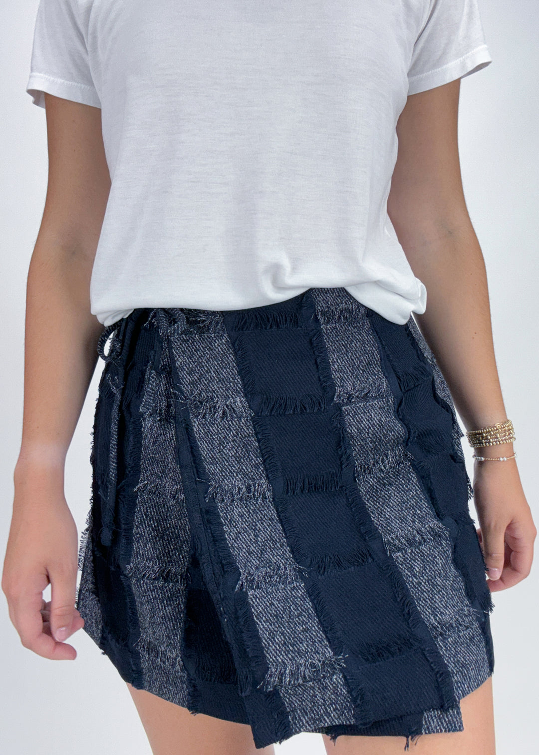 dark blue woven color block fringe mini wrap front skirt