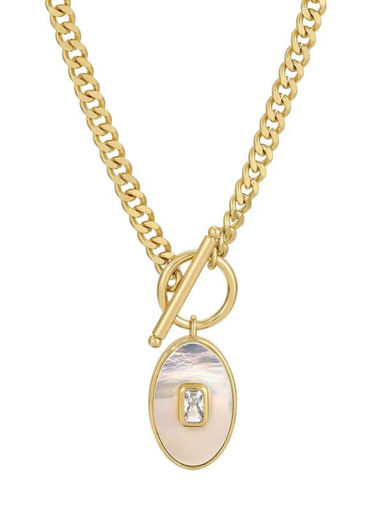 A chic gold chain necklace featuring an oval Mother of Pearl pendant with a sparkling rectangular crystal centerpiece from Leeada's Juno collection.