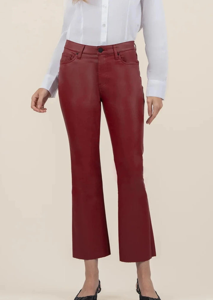 red faux leather cropped flare pants