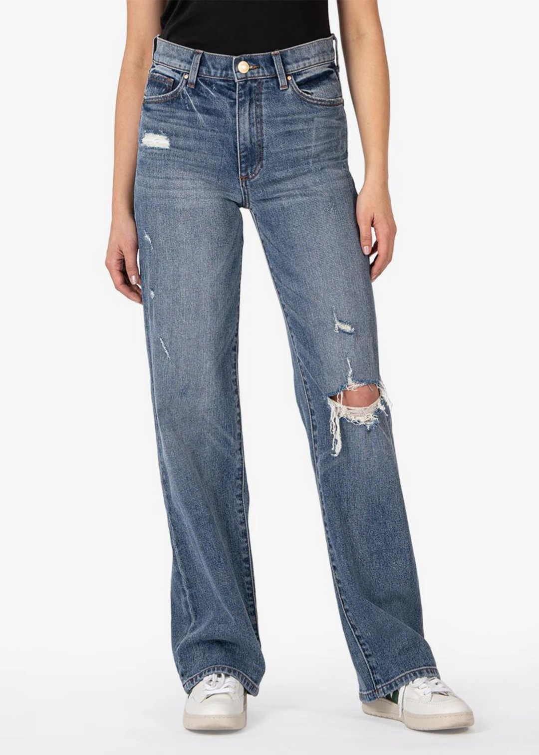 medium wash distressed wide leg long high rise jeans