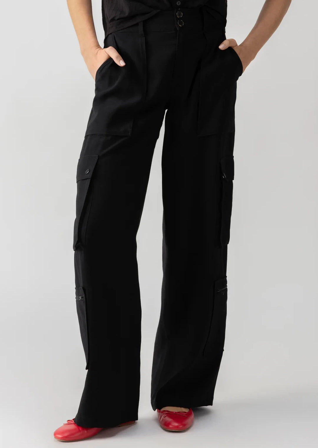 black high rise wide leg cargo pants