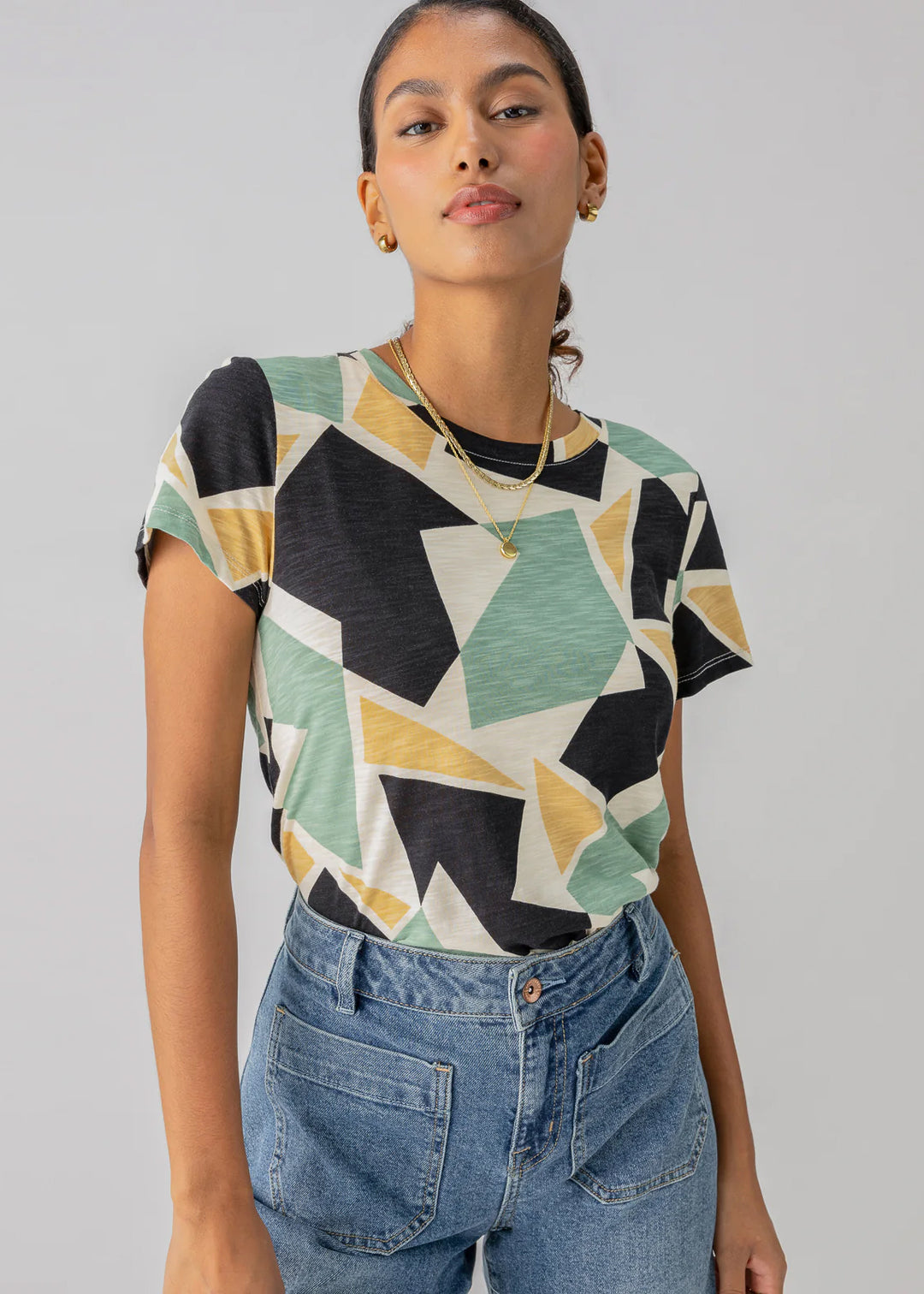 green, yellow, black, and cream abstract heather short sleeve women's tee shirt