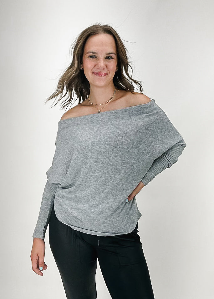 off the shoulder heather grey long sleeve fitted top