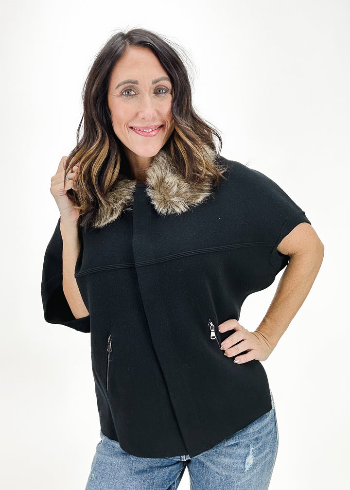 Dolce Cabo Jaylyn Faux Fur Trim Cardigan in black with faux fur collar detail.