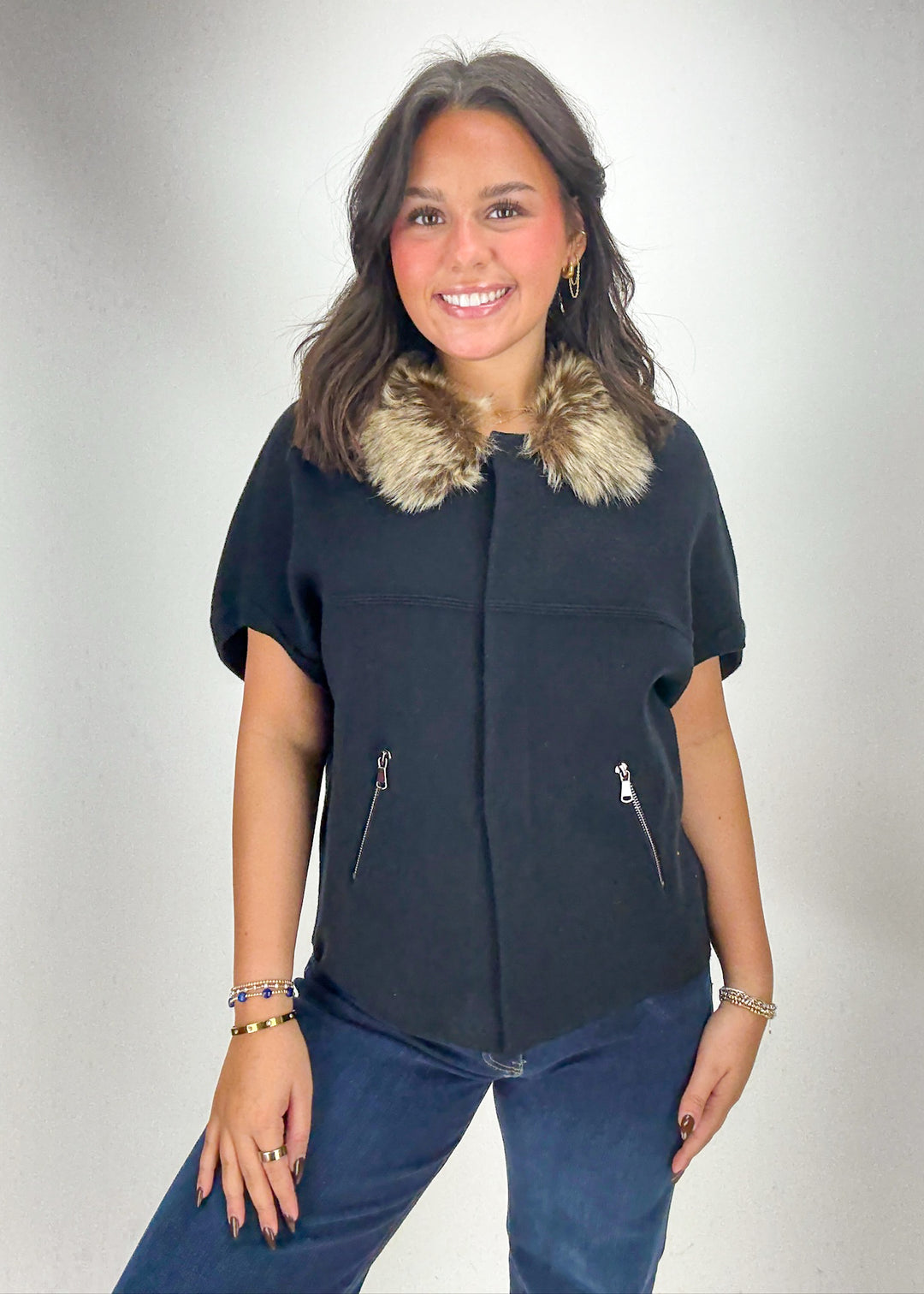 Dolce Cabo Victoria Faux Fur Cardigan - Black/Chestnut