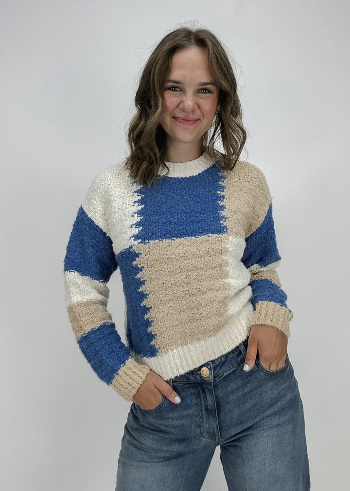 blue, tan, cream knit color block knit sweater