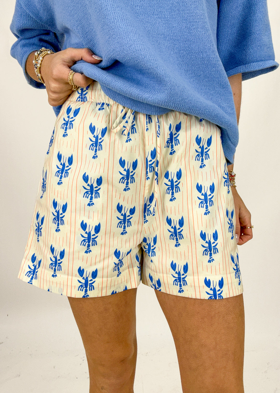 Person wearing blue sweater and cream shorts with blue lobster pattern on a plain background