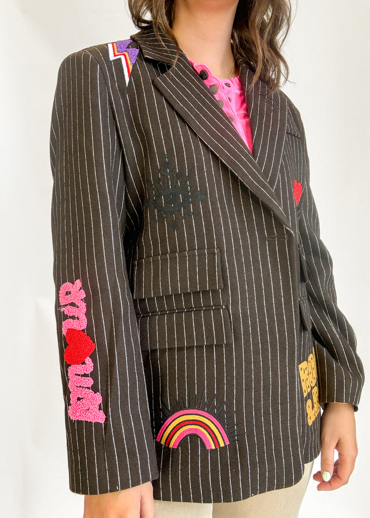 Tiffany Pinstripe Patch Blazer - Dark Brown