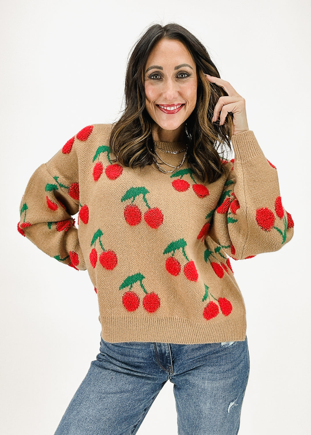 brown cherry print crew neck sweater