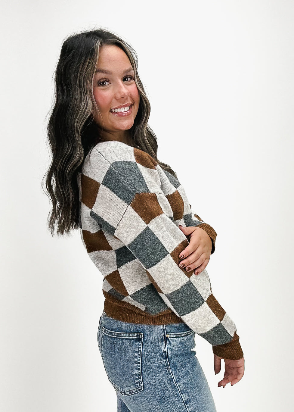 Ava Checkered Crew Neck Sweater