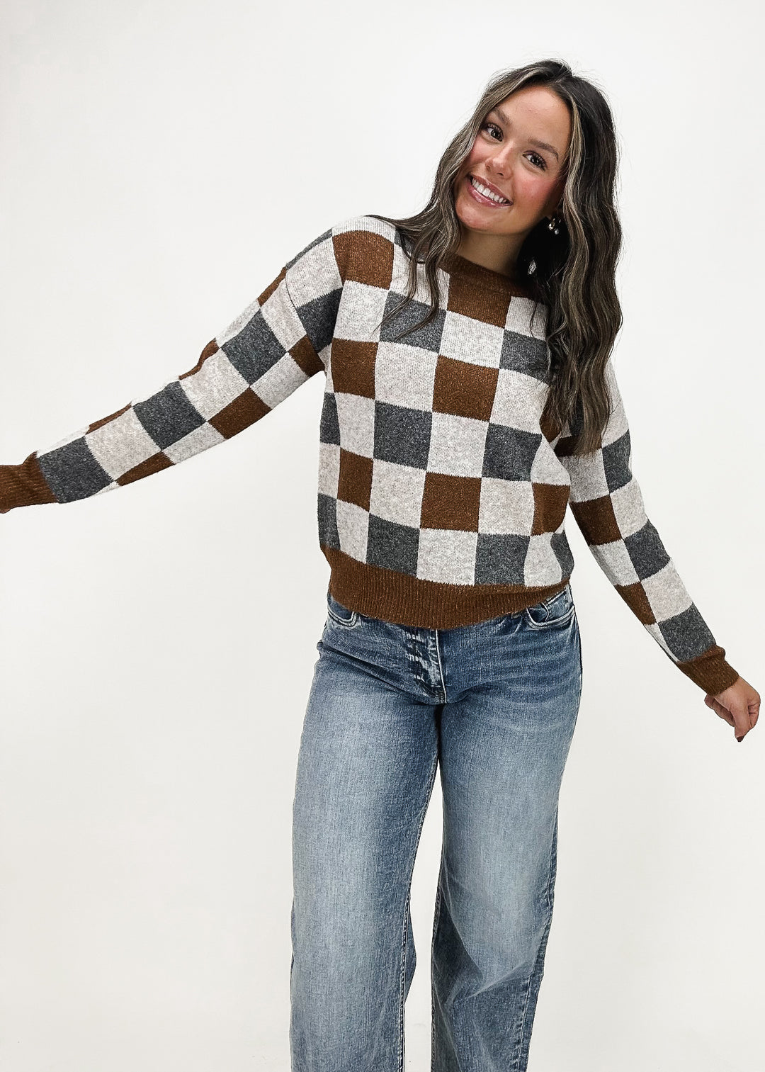 Ava Checkered Crew Neck Sweater