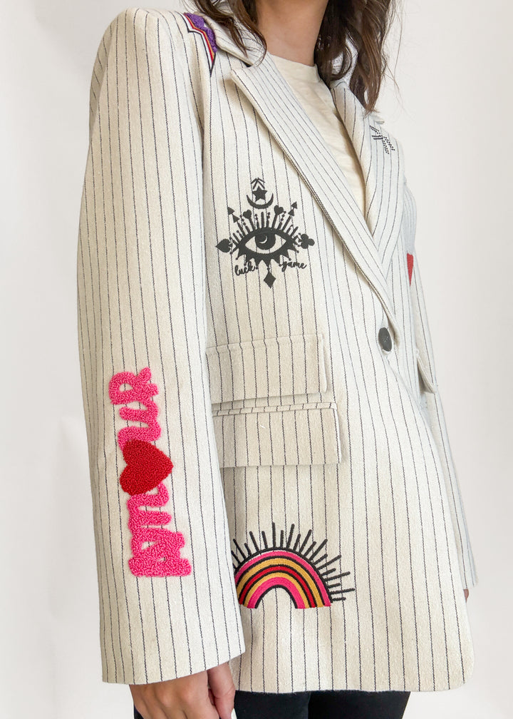 Tiffany Pinstripe Patch Blazer - White