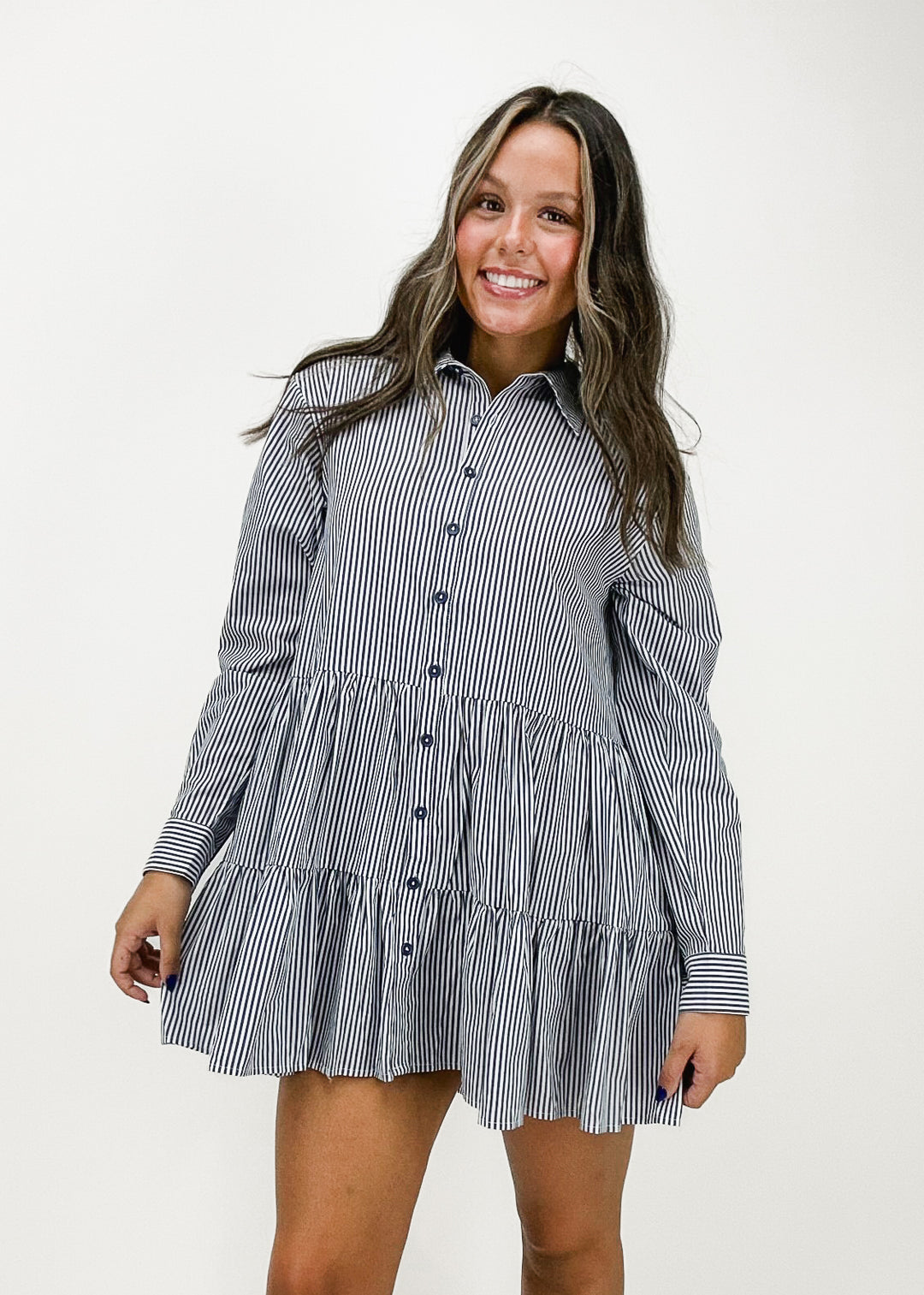 women's blue and white pinstripe collared button front tiered long sleeve mini dress